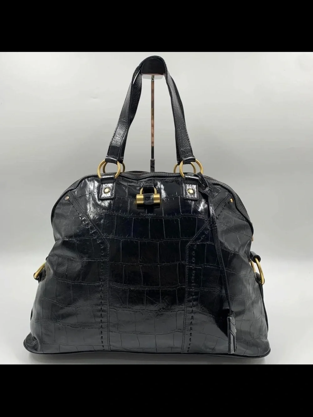 Saint Laurent Black Croc-Embossed Leather Tote with Gold Hardware
